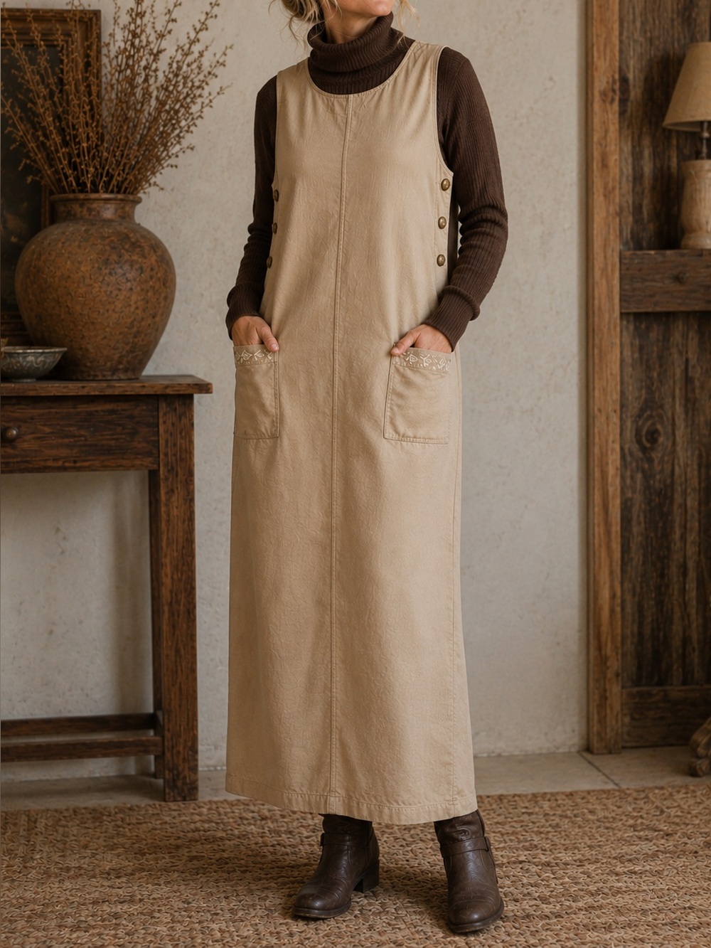Vintage 90s White Stag Embroidered Jumper Maxi Dress
